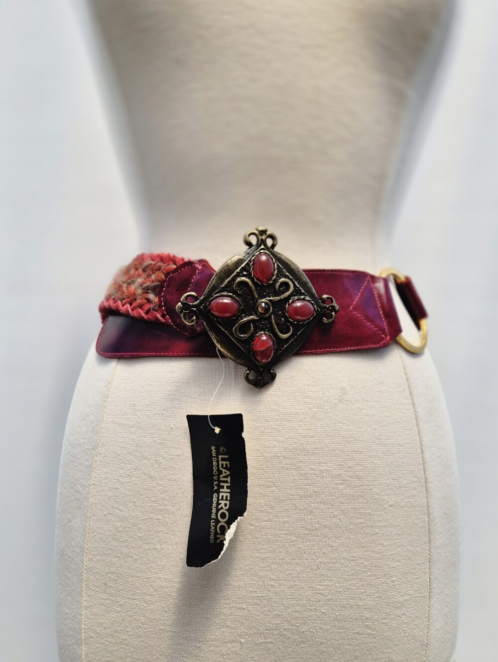 NWT Leatherock Braided Belt Italy Wool Cashmere Burgundy Leather Statement M/L‎